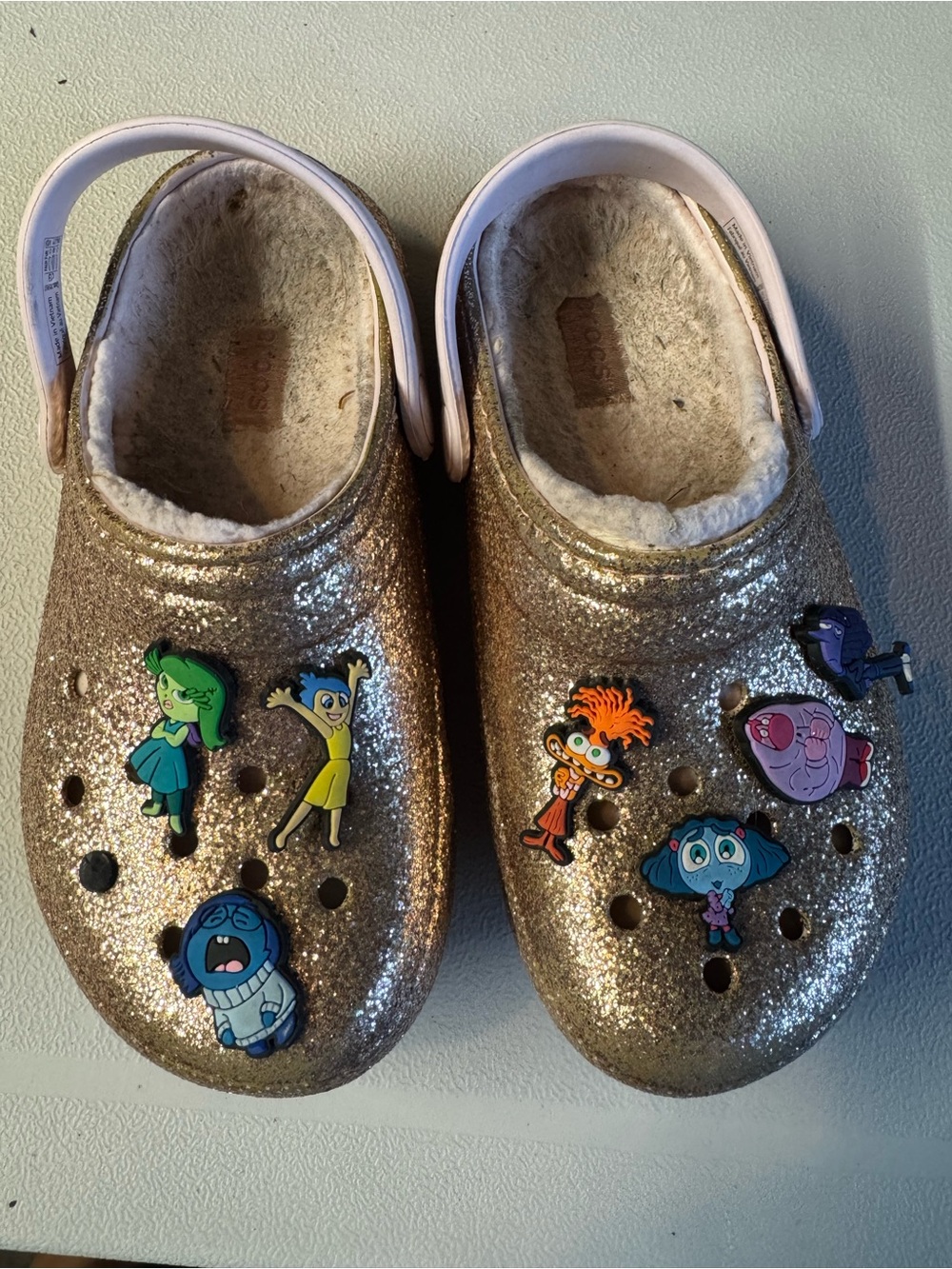 Gold Glitter Crocs with Character Charms